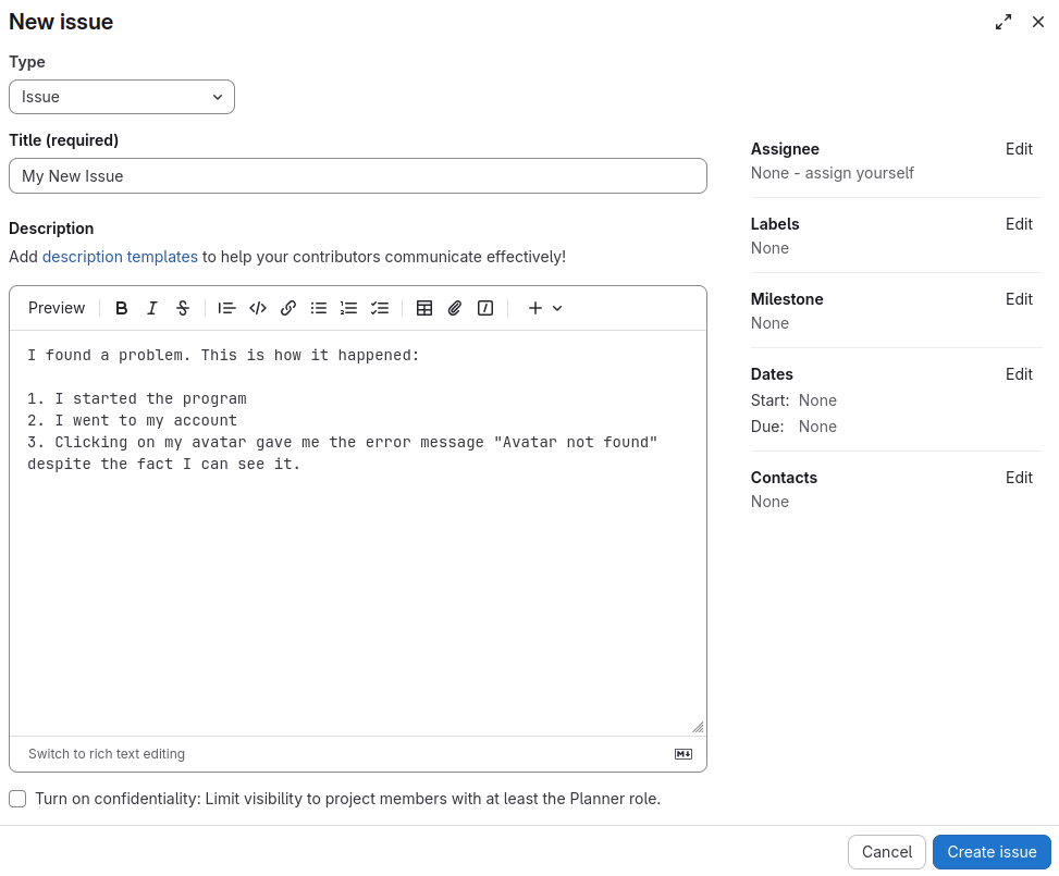 The New Issue dialog shows the fields "Type", "Title", and "Description." Additional sidebar fields such as "Assignee", "Labels", "Milestone", and "Dates" are also shown.