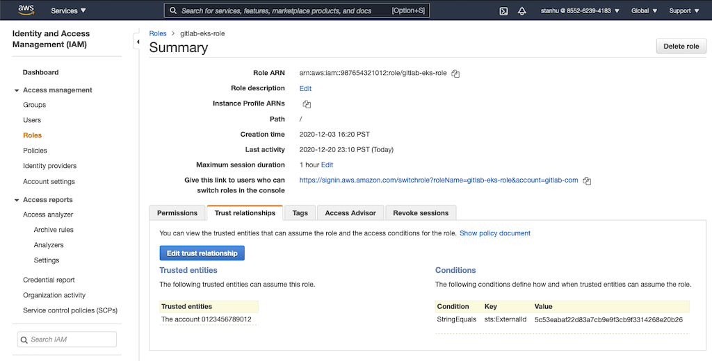 Trust relationship settings for the AWS IAM role used for EKS cluster creation.