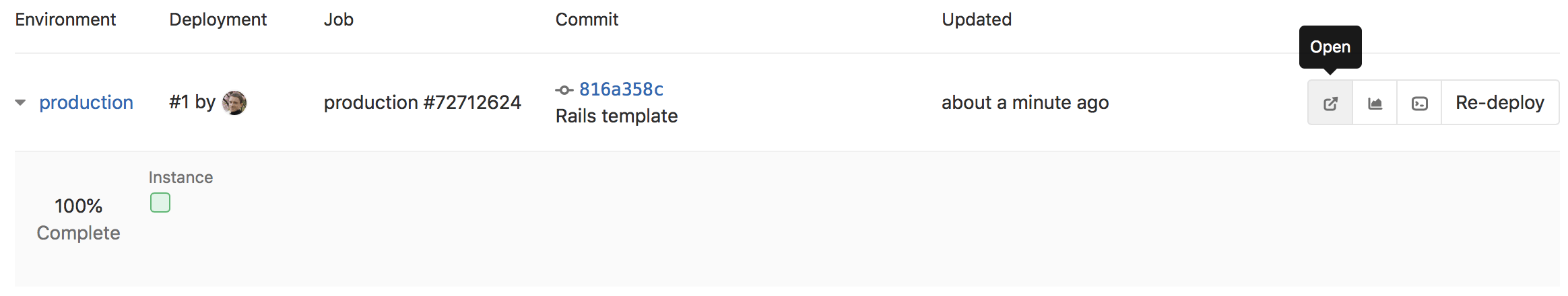 The deployed environment status and access options.